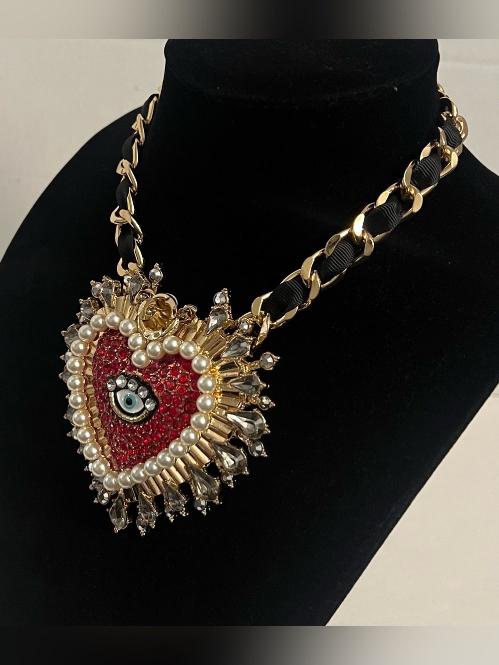 Betsey Johnson Red Crystal Evil Eye Heart Statement Necklace with Pearl Trim - Picture 7 of 16